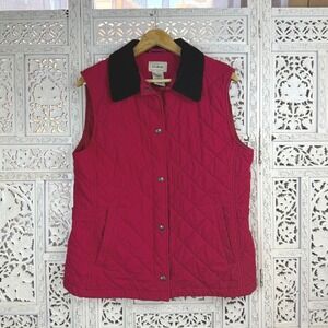 LL Bean Red Quilted Puffer Full Zip Corduroy Collar Vest Sz Womens Large Granola